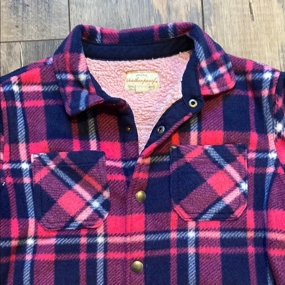 Weatherproof Vintage Girls Flannel Plaid Jacket Coat Fleece Blue Pink Sz 10/12 M